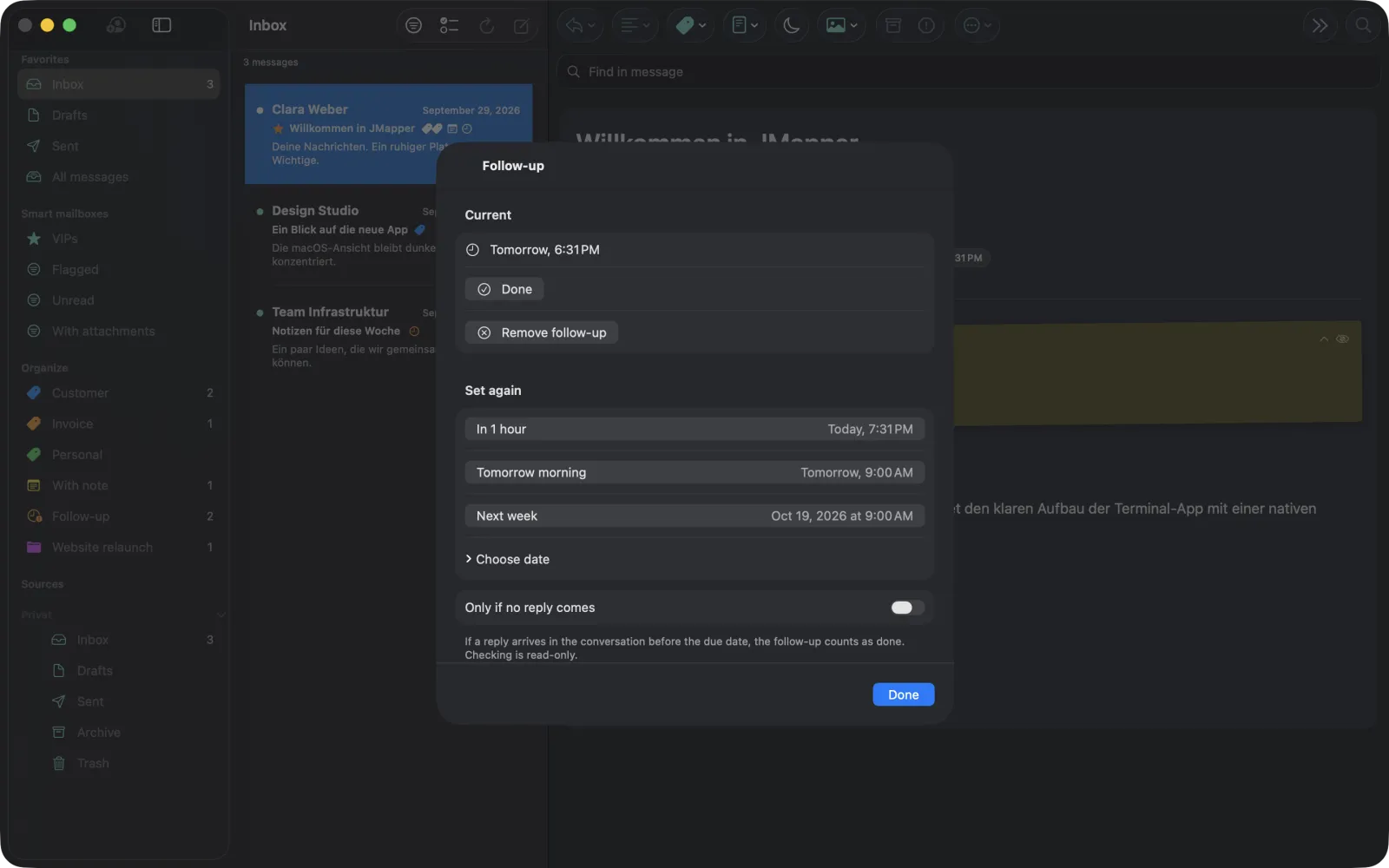 Setting a follow-up with the option Only if no reply comes in JMapper on the Mac